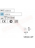 Vistosi Vega applique a parete in vetro bianco lucido p.13 h.20 1xg4 alogeno