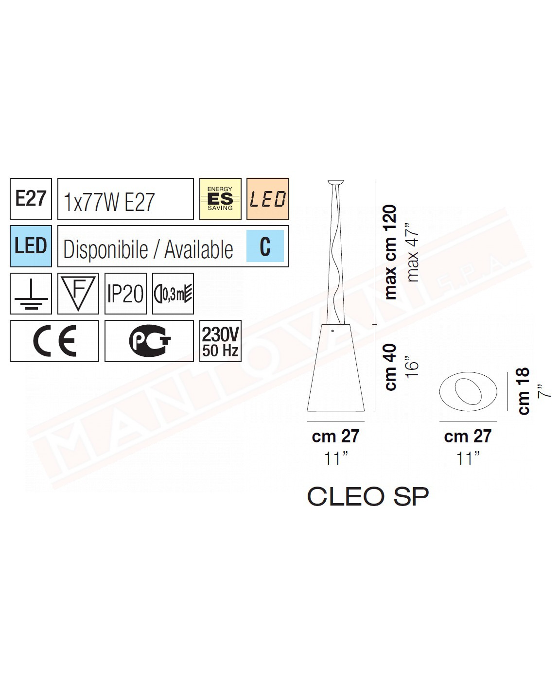 Vistosi Cleo sospensione in vetro bianco a led 5w 10v 600lm 2700k diametro 27 cm H.40 cm + cavo max 120 cm
