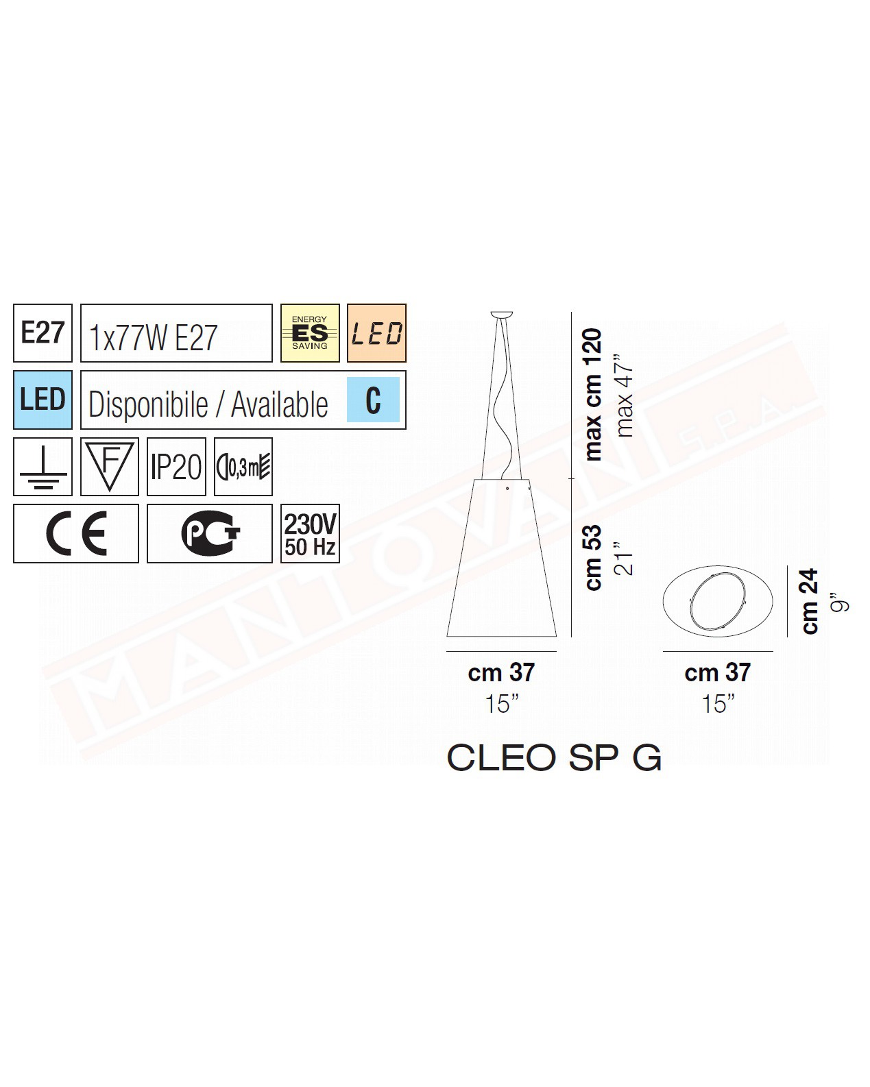 Vistosi Cleo sospensione in vetro bianco a led 5w 10v 600lm 2700k diametro 37 cm H.53 cm + cavo max 120 cm