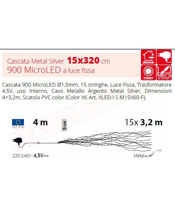 CASCATA LUMINOSA BIANCO H CM 320 PER INTERNO CON 15 STRINGHE TOTALE 900 MICRO LED BIANCO CLASSIC 4 MT CAVO ALIMENTAZIONE