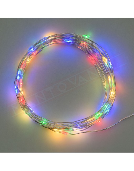 Luminaria 20 MicroLED multicolor 1.9m+0.1 m 1,5mm Luce Fissa a Batteria 2xCR2032 3V Portatile IP20 Cavo Metal Argento