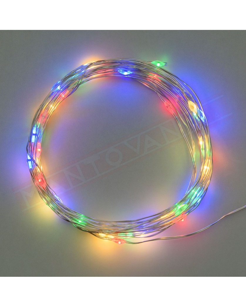 Luminaria 20 MicroLED multicolor 1.9m+0.1 m 1,5mm Luce Fissa a Batteria 2xCR2032 3V Portatile IP20 Cavo Metal Argento